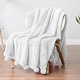 Pavilia Sherpa Throw Blanket - Warm Plush Fuzzy Pom Pom Blanket for Couch, Soft Cozy Fluffy, White, 50x60