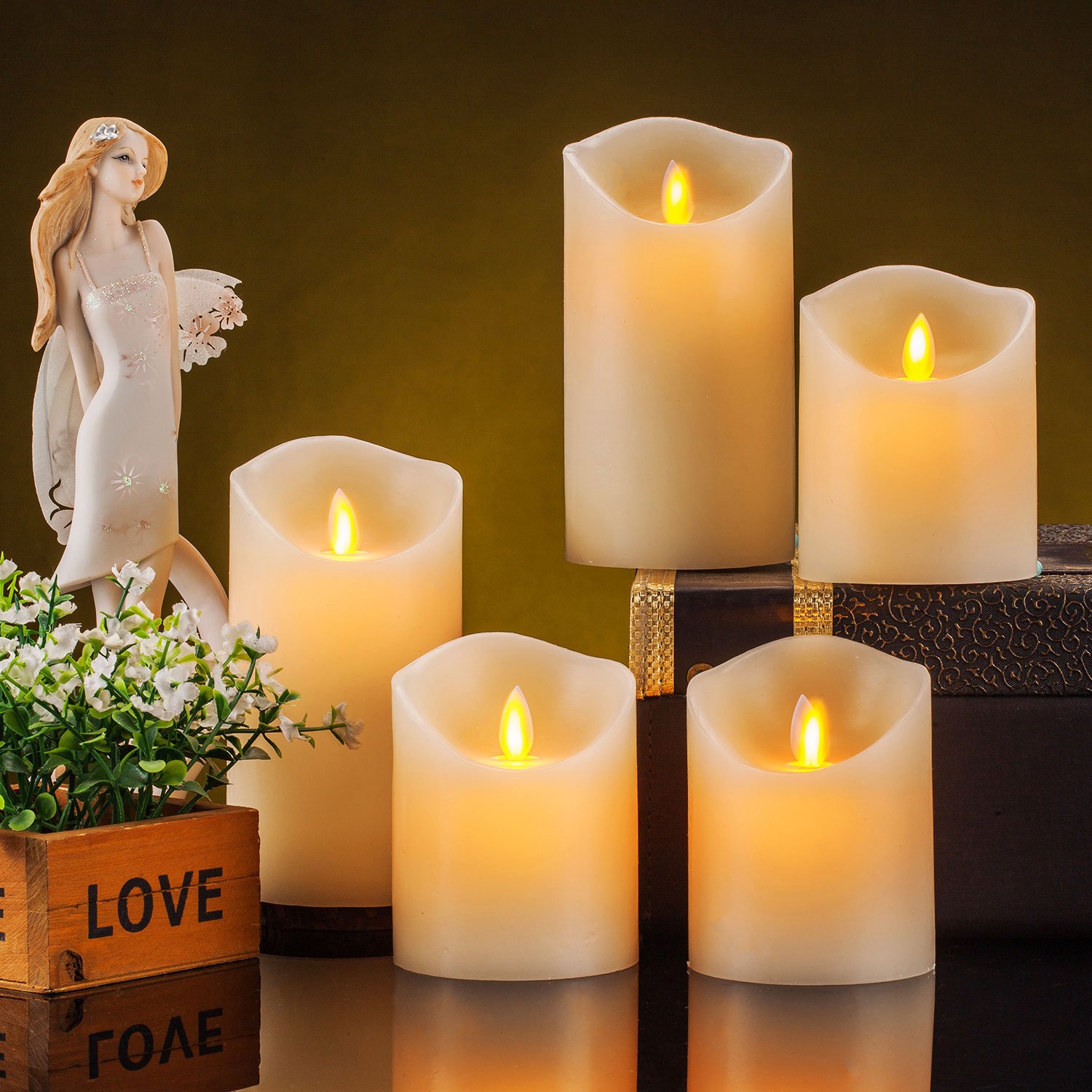 Pandaing Set of 5 Realistic Moving Flame Real Wax Flameless Candles