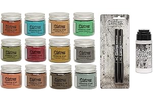 Tim Holtz Ranger Embossing Glazes Bundle of 12 Colors in 1 oz Jars, 2 Distress Embossing Pens, 1 Ounce Distress Embossing Dauber, Bundle of 14 Items