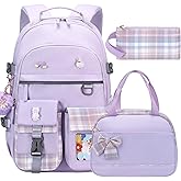 Backpack for Girls 15.6 Inch Laptop School Bag Kids Elementary College 3pcs Backpacks Lunch box Pencil Case Set Bookbags for Girls Teen Women Student Purple