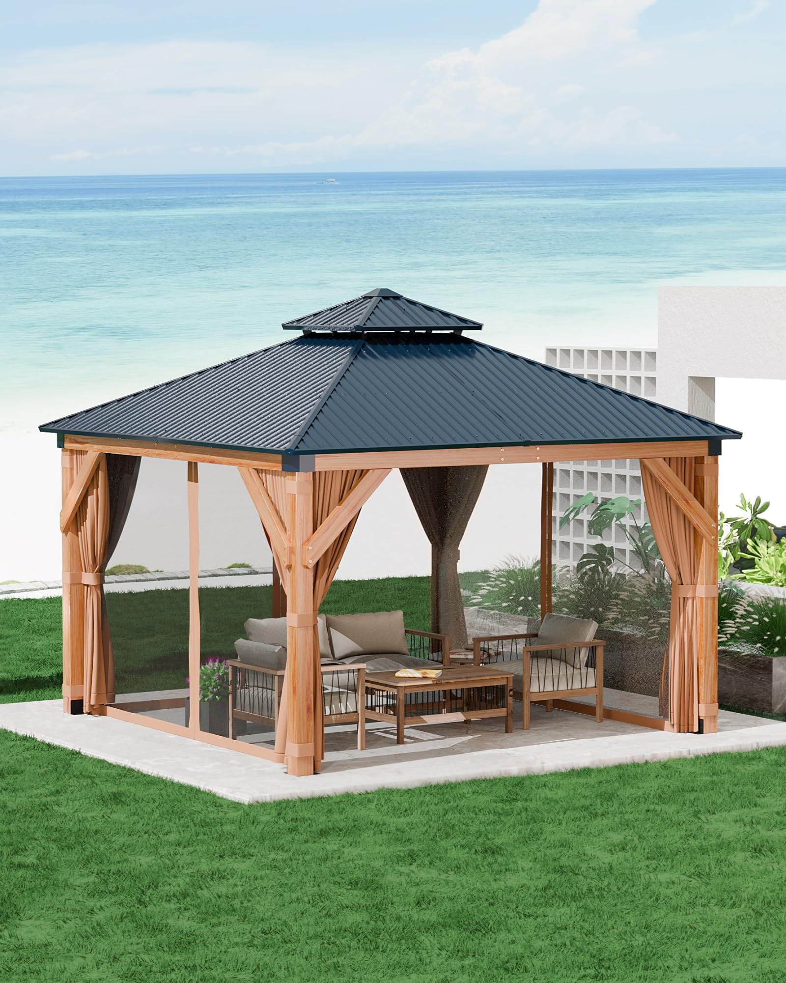 Photo 1 of *** ALUMINUM SHEETS ONLY/PARTIAL SET/MINOR DAMAGE***GarveeLife Hard top Wood Gazebo 10 ft x10 ft for All Weather, with Double Metal Roof, Heavy Duty Wooden Frame, Net, and Curtain, Permanent Building for Patio, Deck, Backyard, Lawn, and Garden, Khaki