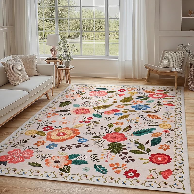 Alfombra de salón, 140 x 200 cm, estilo vintage floral, lavable y antideslizante, estampado plano, diseño ultrafino, ideal para dormitorios, habitaciones infantiles, baños y lavanderías, color beige — foto 1 de 8