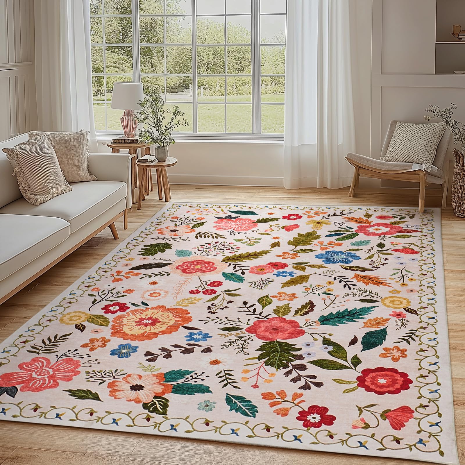 Photo 1 of Rug for Living Room, 5x7 Area Rug Floral Vintage Rug for Bedroom Non-Slip Non Shedding Indoor Floor Carpet, Low Pile Foldable Stain Resistant Carpet for Dining Room, Office, Home Decor, Beige