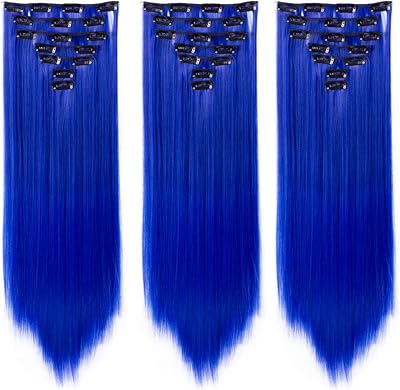 AUconer 23inch Blue Clip In Hair Extensions 7 Pieces 16 Clips Straight