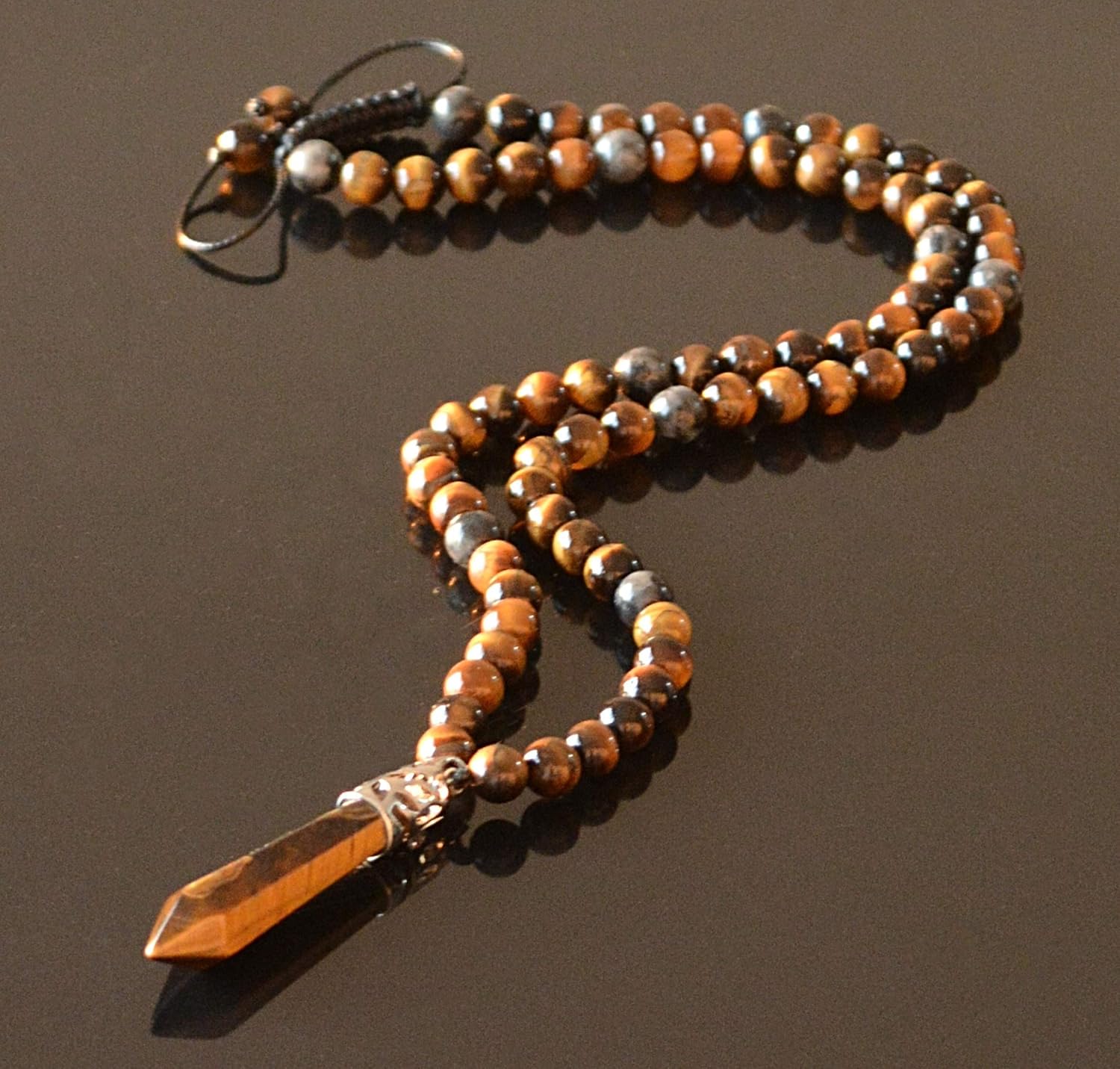 Point Pendant Long Beaded Necklace for Men Brown Tigers Eye
