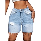 Milumia Women's Mid Waist Ripped Demin Shorts Raw Hem Casual Jean Shorts with Pockets