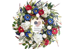 CIR OASES 20 inch Independence Day Greenery Wreath for Front Door, 4th of July Independence Day Red White Blue Flower Wreath for Wall Window Party Wedding Decor Spring Summer Decoration for Home