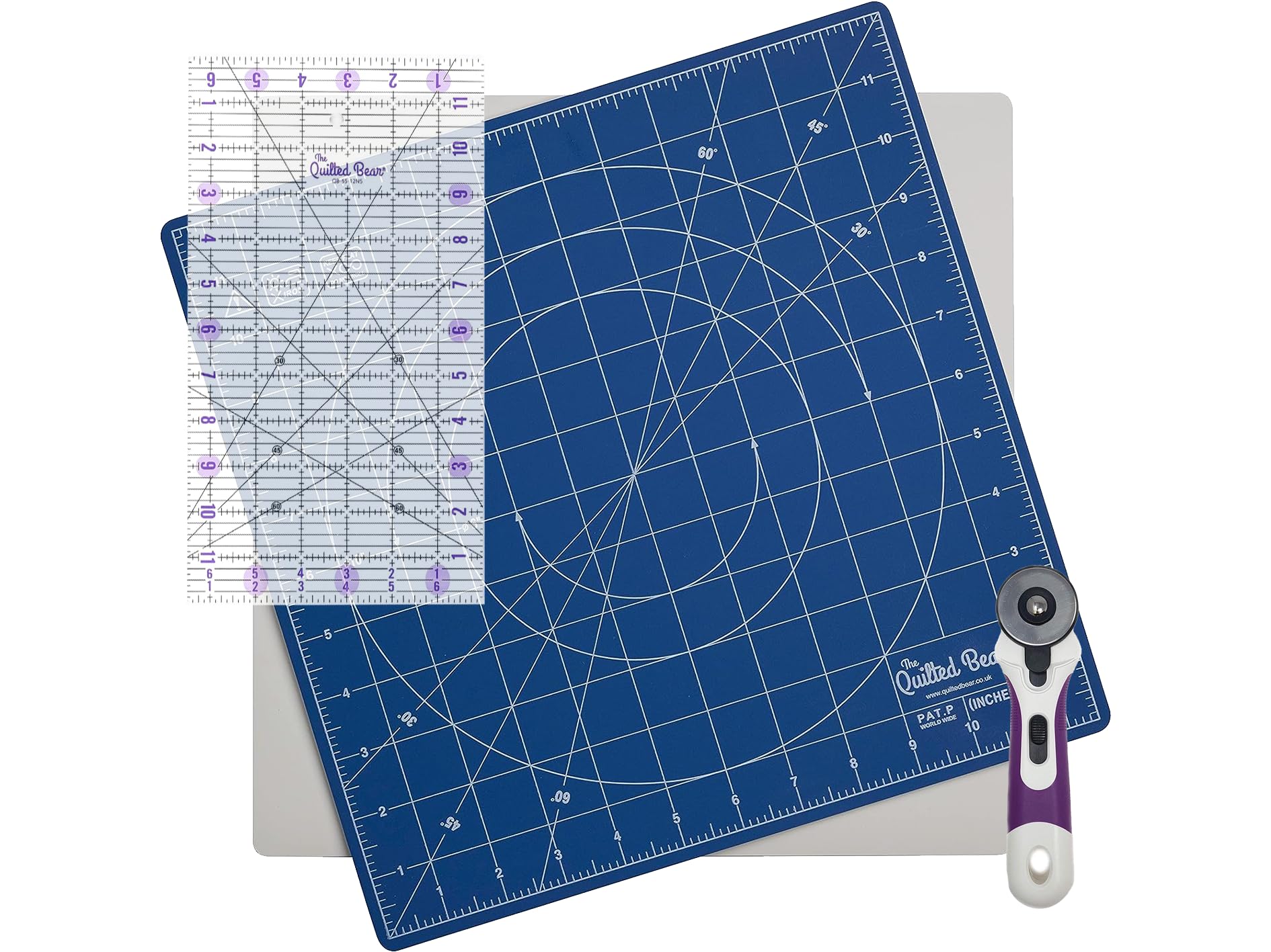 The Quilted Bear 12" x 12" Self-Healing Rotating Cutting Mat with 6.5" x 12" Non-Slip Quilting & Sewing Ruler & 45mm Ergonomic Soft Grip Rotary Cutter - Blue