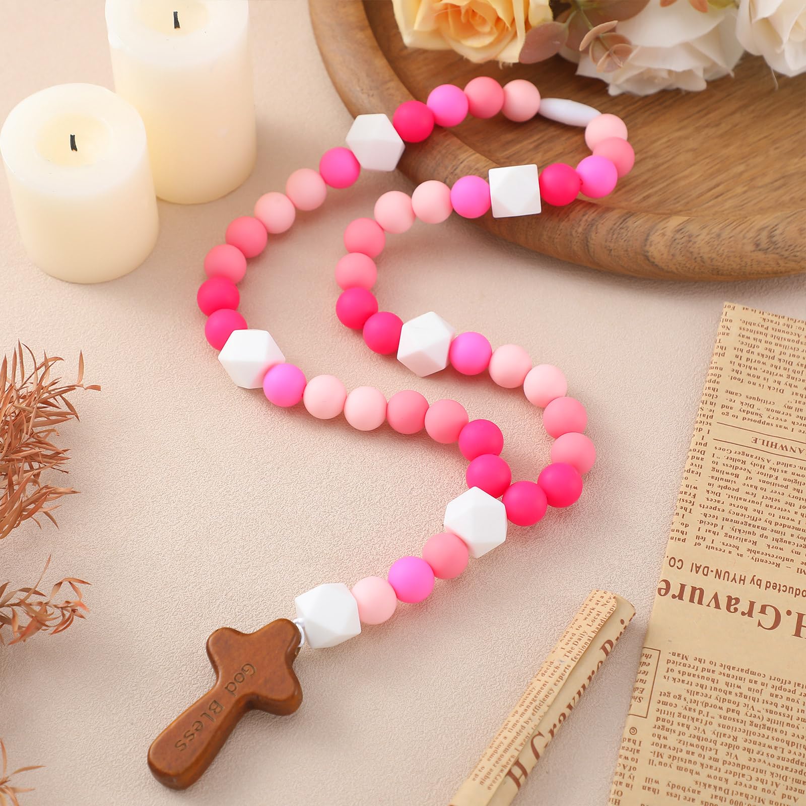 Photo 1 of Misdary Baby Rosary Baptism Gift Silicone Rosary God Bless Kids First Rosary with Cross 1st Year Baptism Party Supply for Baby Shower Christian Communion Gifts(Pink)