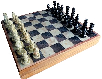 StonKraft 11.75 Hand Carved Chess Board with Wooden Base but Stone Inlaid Work - Chess Game Board Set with Handcrafted Natural Stone Piece