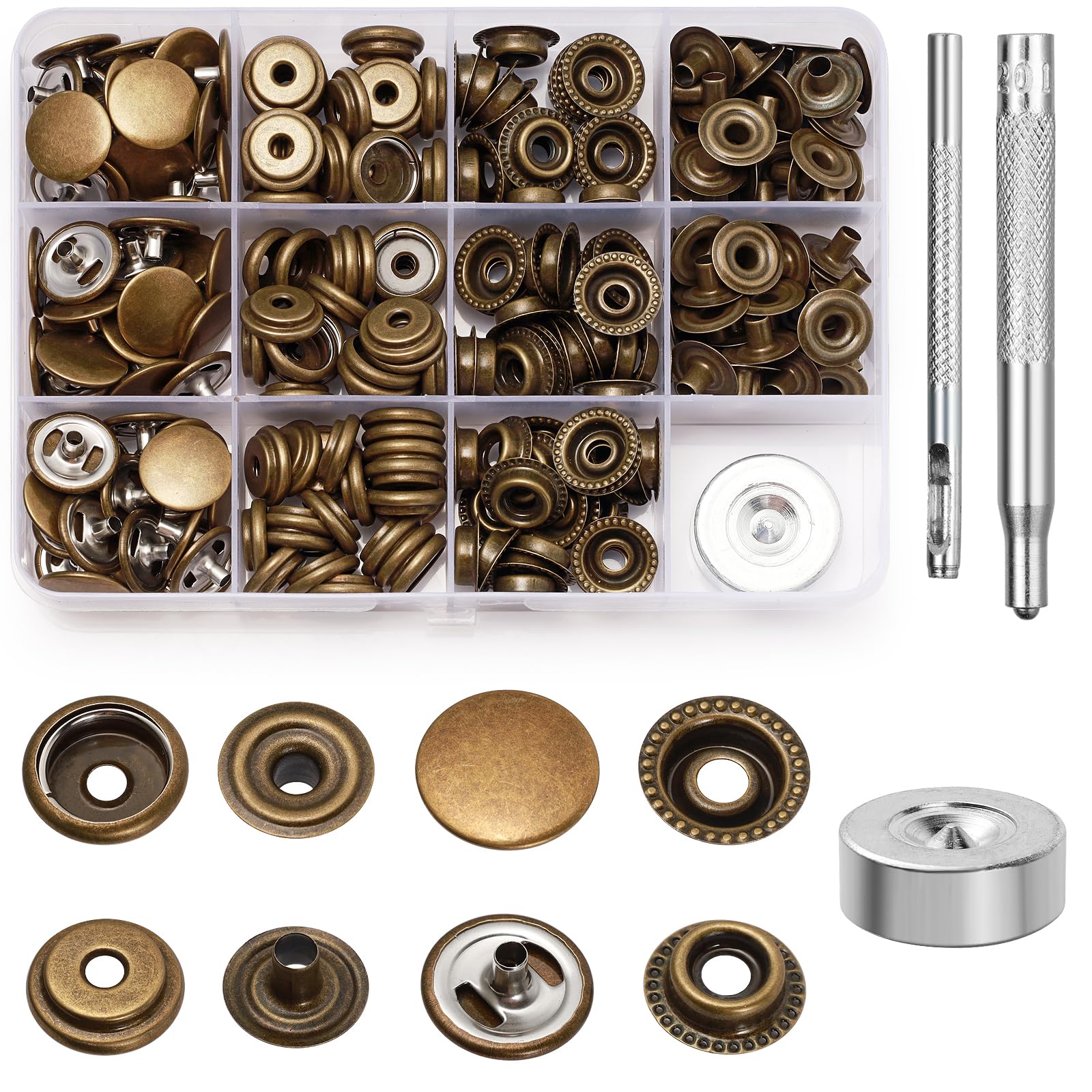 Amentalove 260PCS Snap Fastener Kit, Snap Button Kit, 15mm Heavy Duty Leather Snap Fasteners with 3 Setting Tools,Stainless Steel Press Stud Snap Fasteners for Clothing Jackets Bags Leather DIY Craft