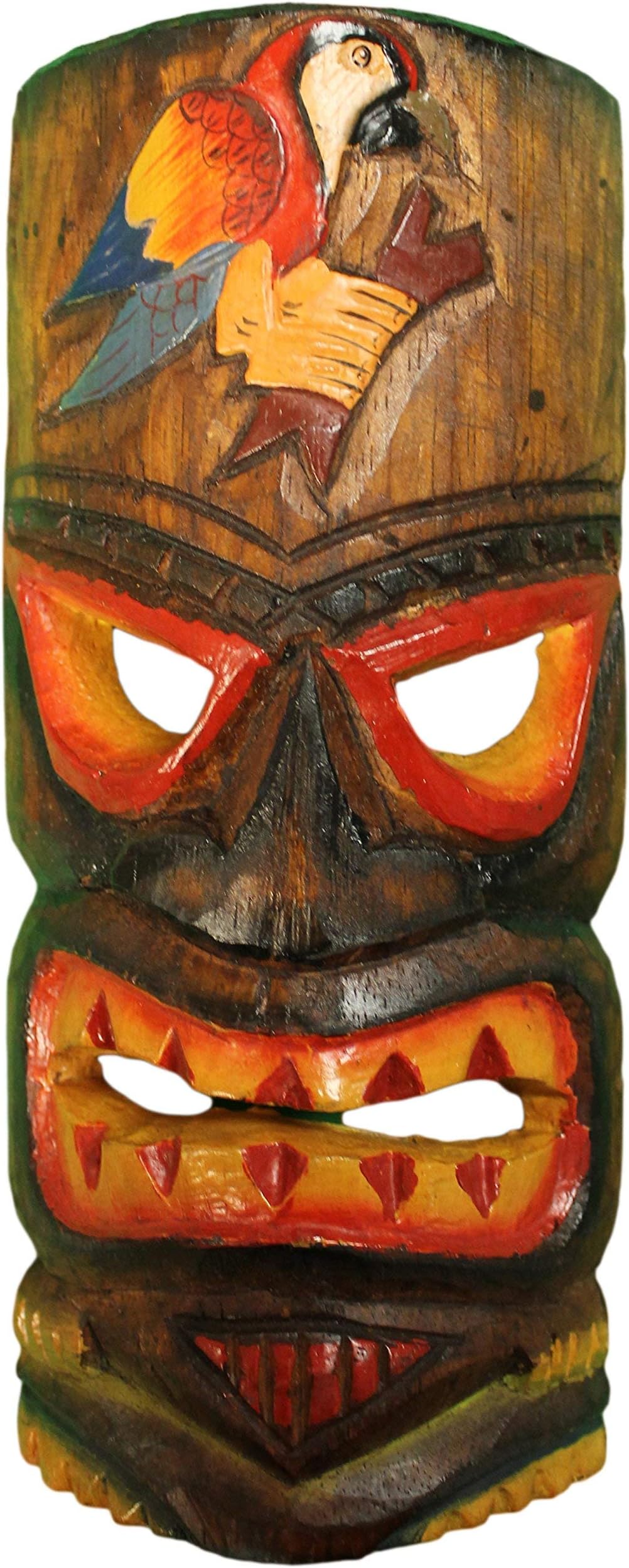 12 Inch Hand Painted Wooden Tiki Mask w/ Parrot Sculpture, Wall or Desktop