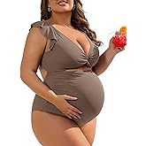 Charmo Ruffle Ribbed Maternity Swimsuit One Piece High Waisted Pregnancy Bathing Suits Push Up Swimwear