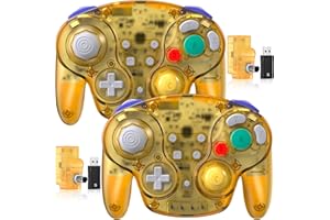 SAFFUN 2 Pack 2.4 GHz Wireless GameCube Switch2 Pro Controller, for NGC GameCube Console, Switch/Switch OLED/ Switch2, PC, Steam Deck, PC (Built-in Rumble) (Rechargeable) (Plug and Play) Clear Yellow