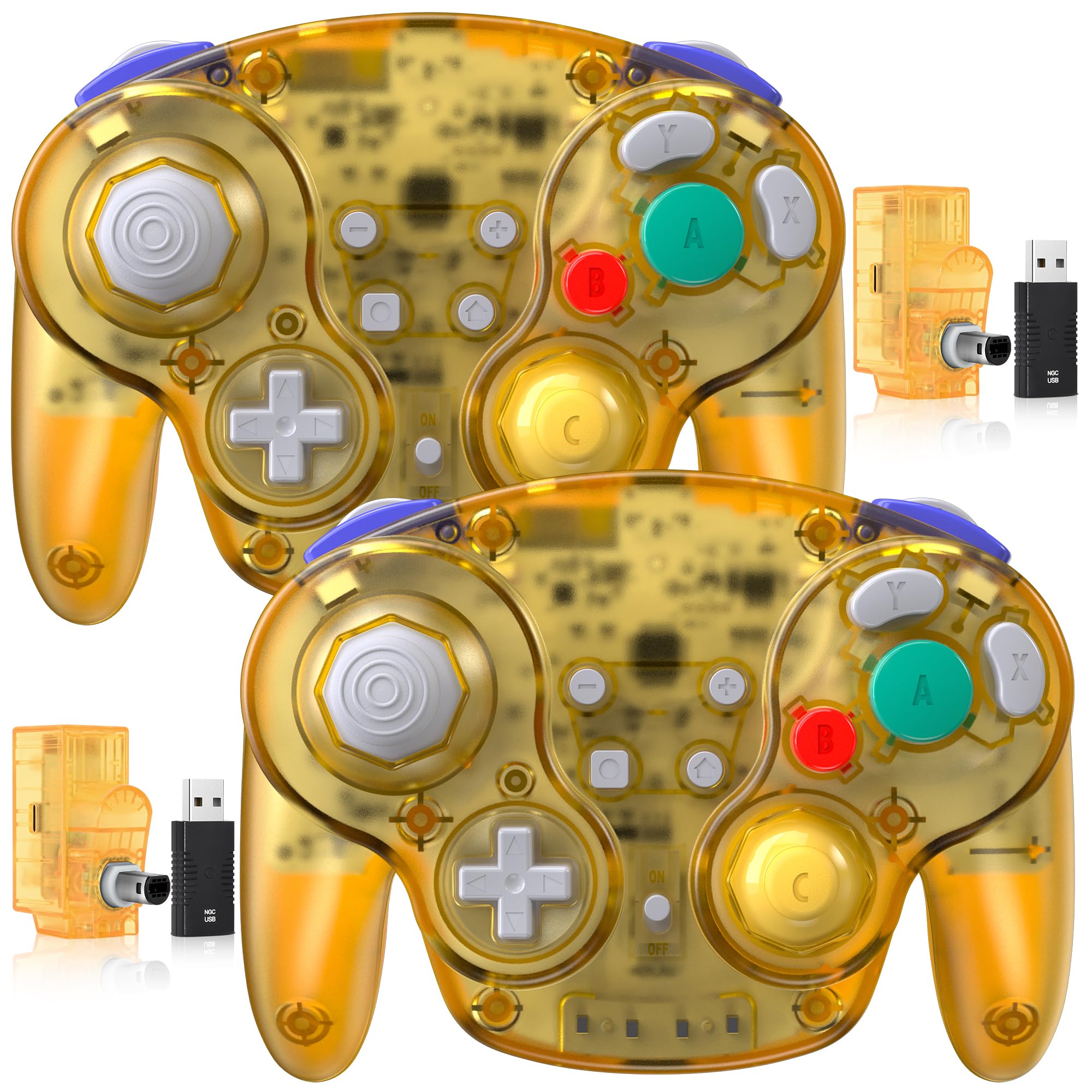 2 Pack 2.4 GHz Wireless GameCube Switch2 Pro Controller, for NGC GameCube Console, Switch/Switch OLED/ Switch2, PC, Steam Deck, PC (Built-in Rumble) (Rechargeable) (Plug and Play) Clear Yellow