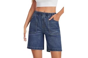 Metietila Womens Bermuda Shorts High Waisted Baggy Elastic Waist Jean Shorts Summer 8 Inch Pull On Denim Shorts
