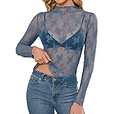 betterTime Lace Tops for Women See Through Mesh Long Sleeve Top Floral Mock Neck Club Party Night Lace Undershirt