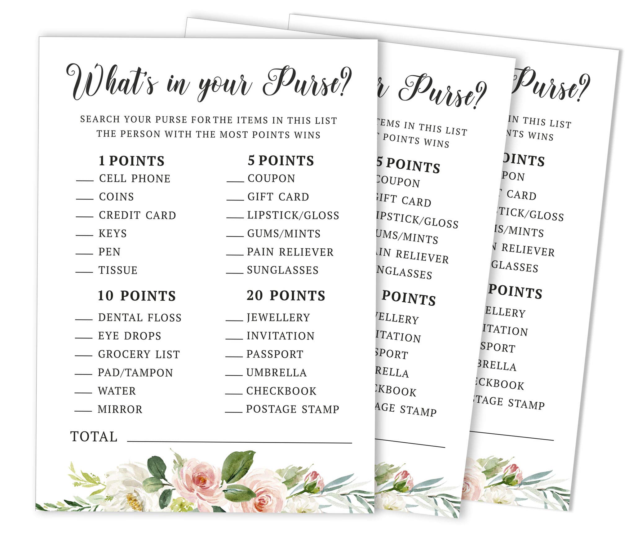 Inkdotpot Wedding Shower Bachelorette Party Bulk Activity Game Cards Whats In Your Purse Bridal Shower Game 50-Pack Floral Brunch & Bubbly — image 1