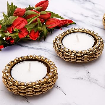 HomeSquare Tealight Holder Diwali Diya with Artificial Stones- Set of 2