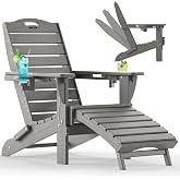 Ciokea HDPE Folding Adirondack Chair with Footrest,Grey,1 | Adjustable Adirondack Chair with 2 Cup Holders,Outdoor Patio Fire Pit Chair for Garden and Pool,Weatherproof
