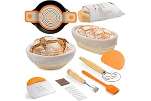 ANGADONA Banneton Bread Proofing Basket Set, 10 Inch Oval & 9 Inch Round Sourdough bread baking supplies with Linen Liner, Silicone Bread Sling, Danish Dough Whisk, Bread Lame, Bowl Scraper,Dough Scraper Kit