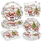 Bzhouyy Christmas Paper Plates and Napkins Set 75Pcs Disposable Holiday Party Supplies Christmas Tree Santa and Snowman Plates for Family Gatherings Holiday Celebrations, Serves 25 for Dinner