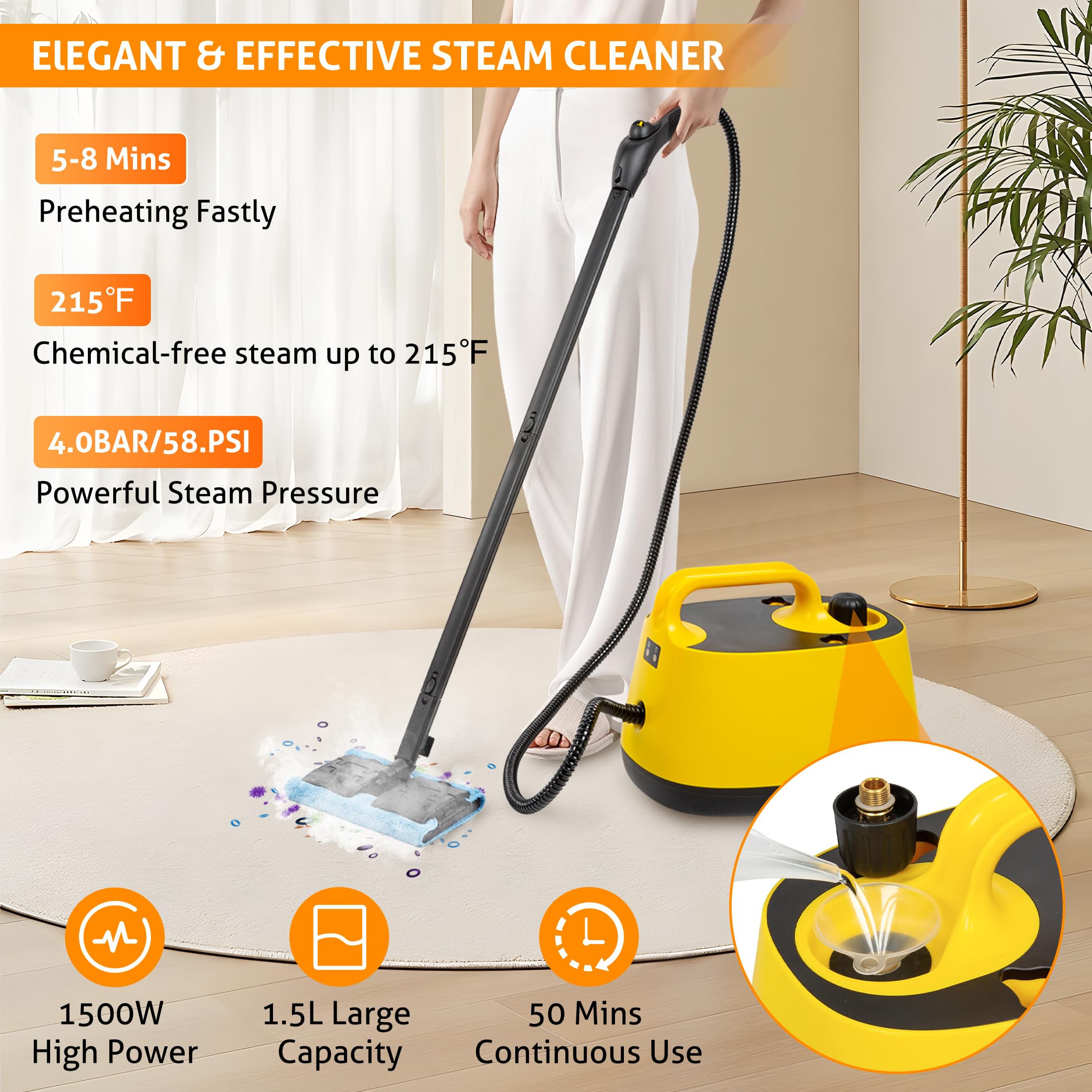 WICHEMI Steam Cleaner with Extension Pole, 51 oz, Steam Cleaner for Home, Adjustable Steam Pressure, 26 Accessories, Handheld Steam Cleaner for Walls, Gaps, Hard Floors, and Tiles