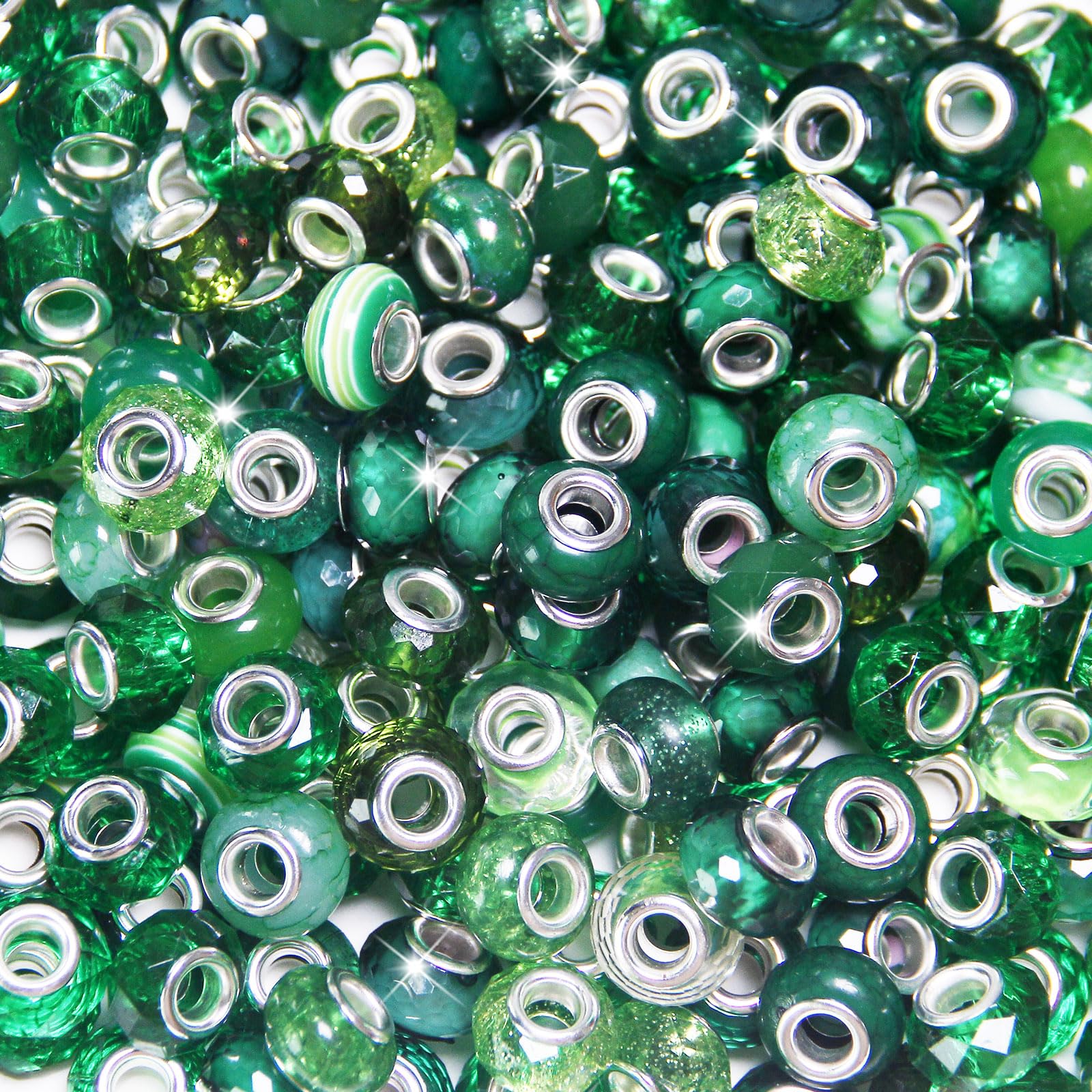 Photo 1 of 100 Pieces Large Hole Beads, Assorted European Craft Beads Green Big Hole Fairy Wands Garden Beads Large Hole Lampwork Spacer Beads for DIY Pens Charms Bracelet Necklace Jewelry Making Supplies