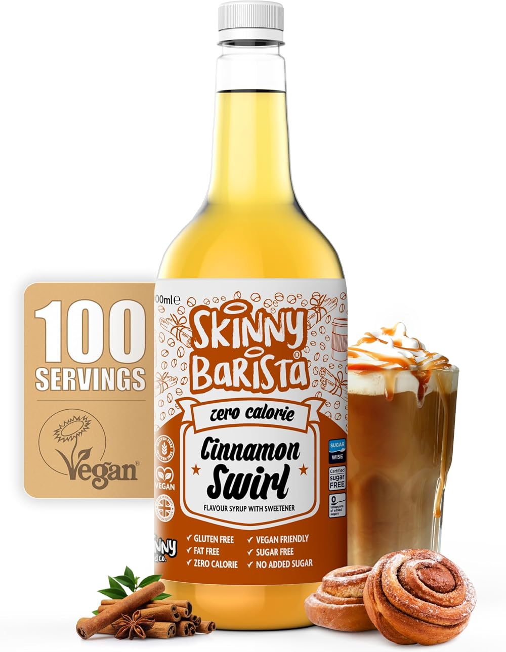 The Skinny Food Co Cinnamon Swirl Coffee Syrup Zero Calorie 1L Vegan