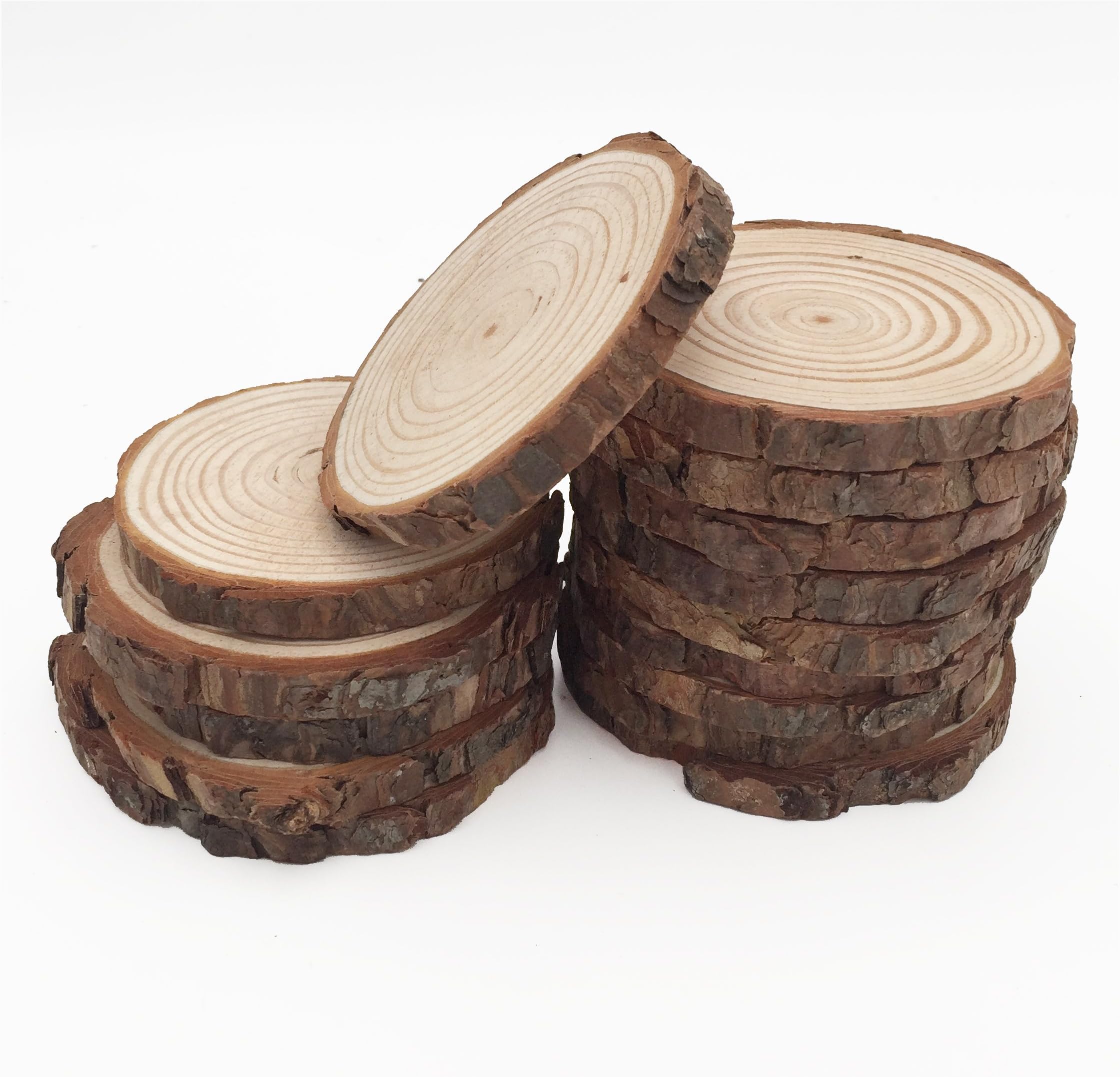 FOWOS 9-11cm 15pcs Wood Slices with Bark for Crafts, Double-sided polished