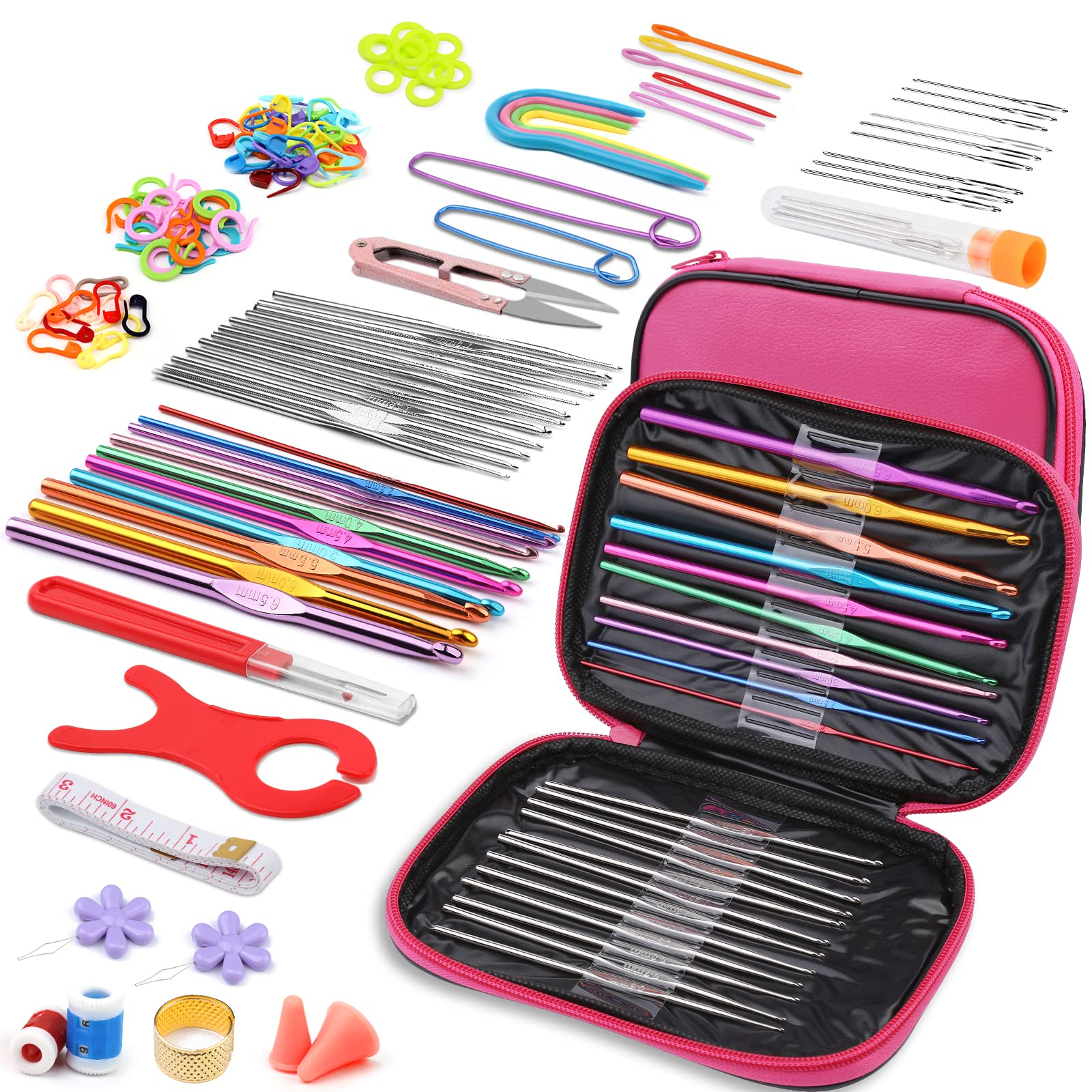 Photo 1 of IMZAY 110 Pcs Crochet Hooks Set, Crochet Kit Crochet Hooks Kit with Storage Case, Ergonomic Knitting Needles Blunt Stitch Marker DIY Hand Craft Art Tools for Beginners-Rose Rose-110pcs