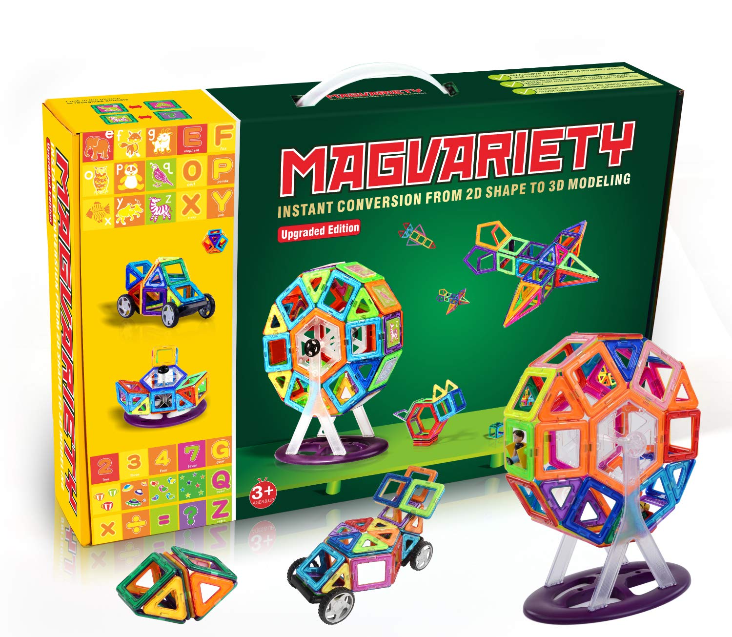MAGVARIETY 3D Magnetic Building Tiles, 68 Pieces Set Large Tile includes Flash Cards to Learn Shapes Colors Alphabets & Numbers STEM Toys Develop Motor Skills, Creativity, Educational Blocks Kid Toy