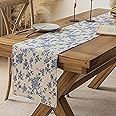 Pastoral Table Runner - 14 x 72 Inch Rectangle - Linen Fabric - Washable Tabletop with Dust-Proof Wrinkle Resistant for Restaurant, Picnic, Indoor and Outdoor Dining, Floral (Dark Blue)