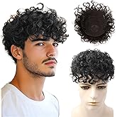VividCrown Toupee for Men Human Hair Men‘s Black Wig Short Curly Hair Fluffy Realistic Hair Wig Thin Skin Daily Party Costume Wig for Male(Black)