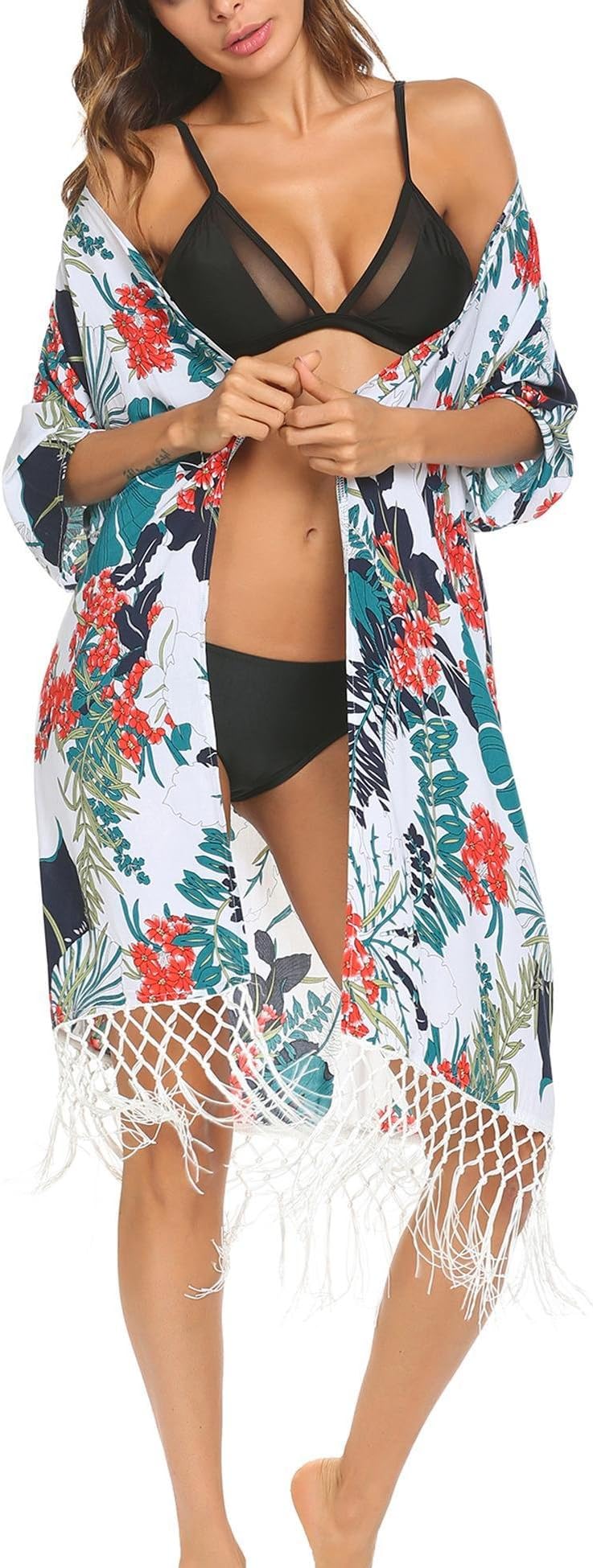 Teewanna Women's Beach Cover Up Swimsuit Boho Kimono Cardigan Loose Chiffon Beach Dress
