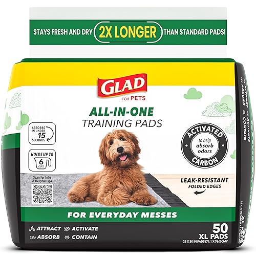Glad for Pets JUMBOSIZE/XL Charcoal Puppy Pads, AllinOne Black Training Pads That ABSORB & Neutralize Urine Instantly New & Improved Quality, 50 Count (Pack of 1)