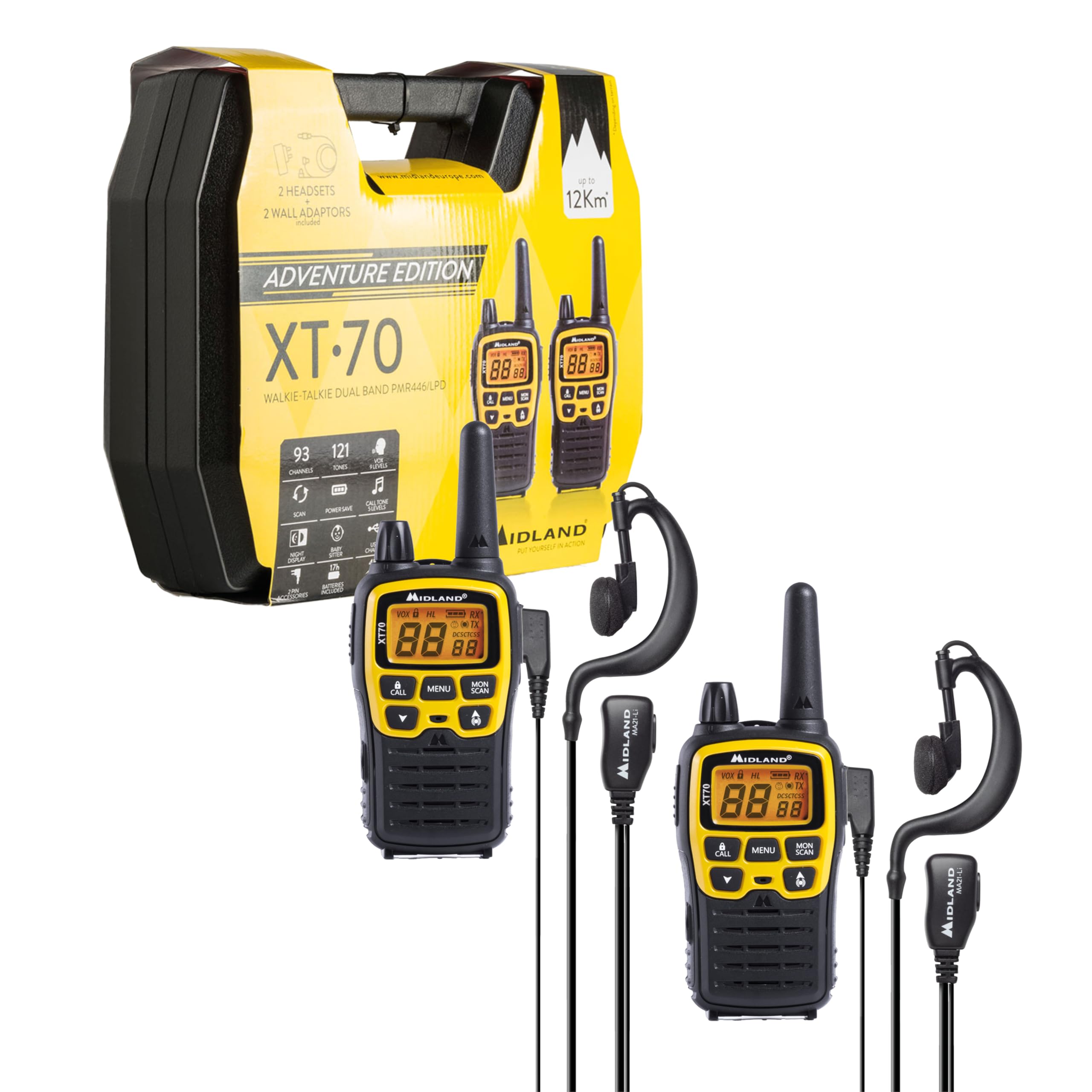 Midland - Adventure Premium Case Walkie Talkies XT70 2 Headset, Full Optional Valibox, Long Range Walkie Talkies Adults with 69 LPD, 24 PMR446 Channels, 12 km Communication Range, 18h Battery, Yellow
