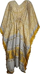 Mogul Interior Womens Yellow Kaftan Maxi Dress Drawstring Bohemian Lounge Beach Wear 2XL