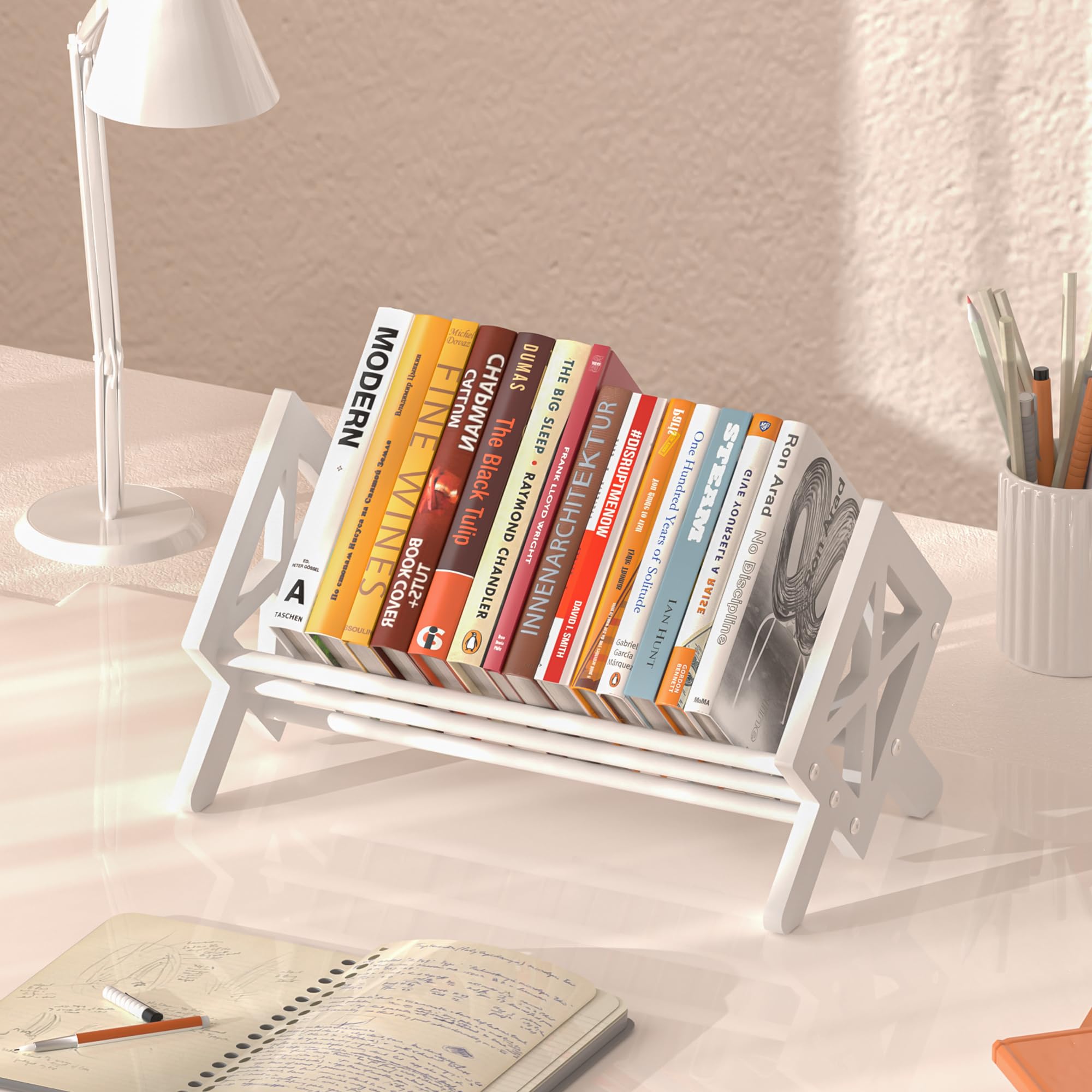 Photo 1 of ART-GIFTREE Desktop Bookshelf Organizer, Wood Office Tabletop Book Storage Rack, Tilting Bookcase for Books/CDs/Magazine Display (Pure White)