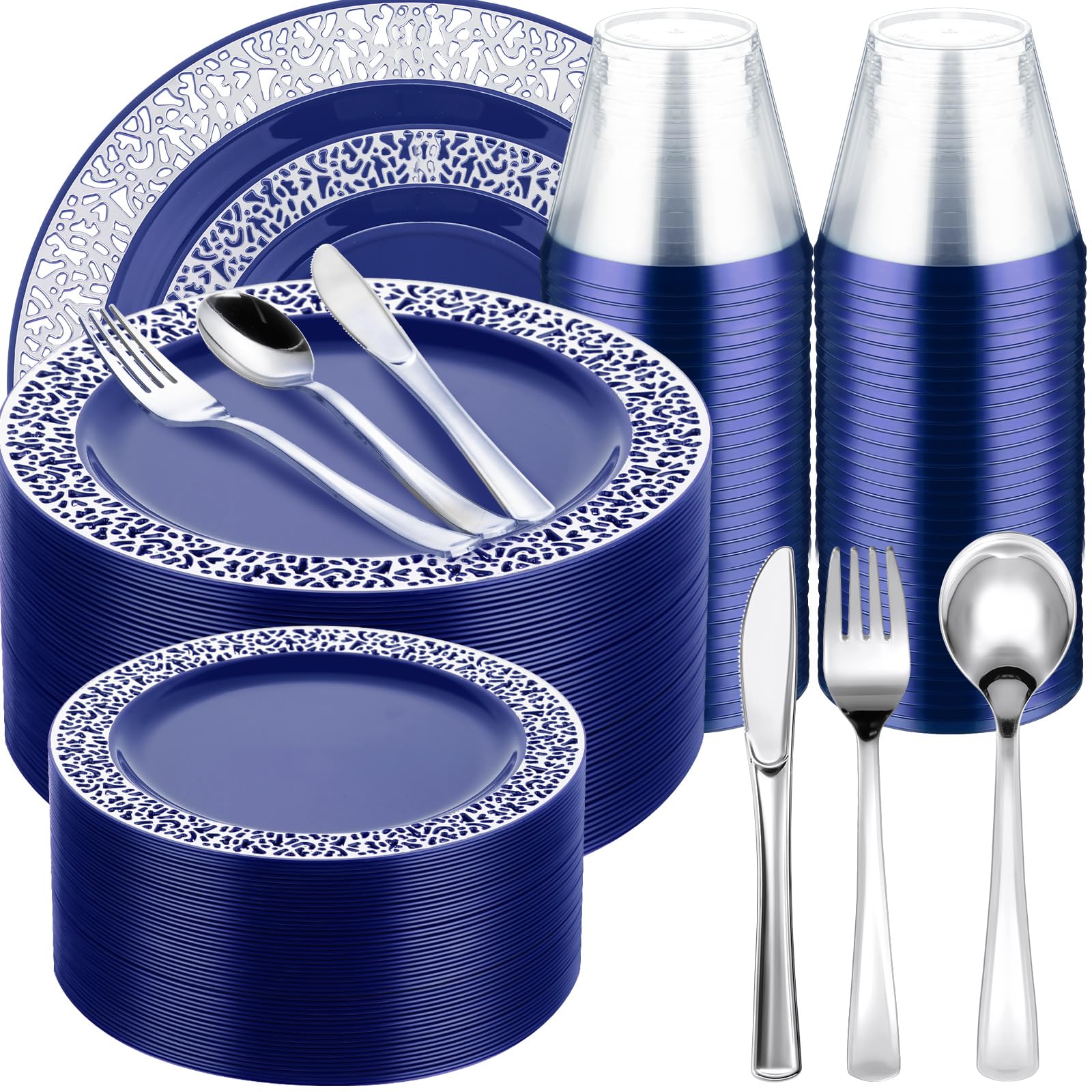 Photo 1 of Norme 300 Pieces Disposable Plastic Dinnerware Set, 100 Plastic Plates, 150 Knives, Forks and Spoons with 50 Rimmed Cups for 50 Guests Wedding Party Supplies(Blue Silver)