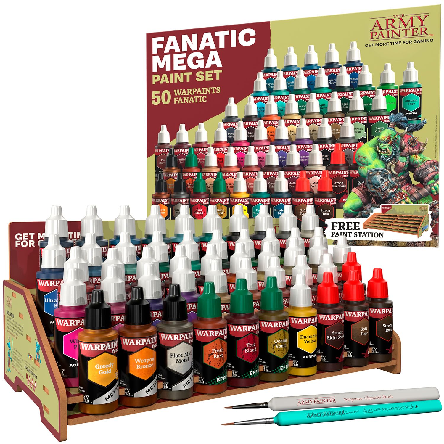 The Army Painter, Warpaints Fanatic Mega Set Combo, 50 x 18 ml Acrylic Paints incl. Skin Tones, Metallics, Effects, Washes, 1 Free Paint Station & 2 Brushes - Model Paint for Warhammer & Dnd