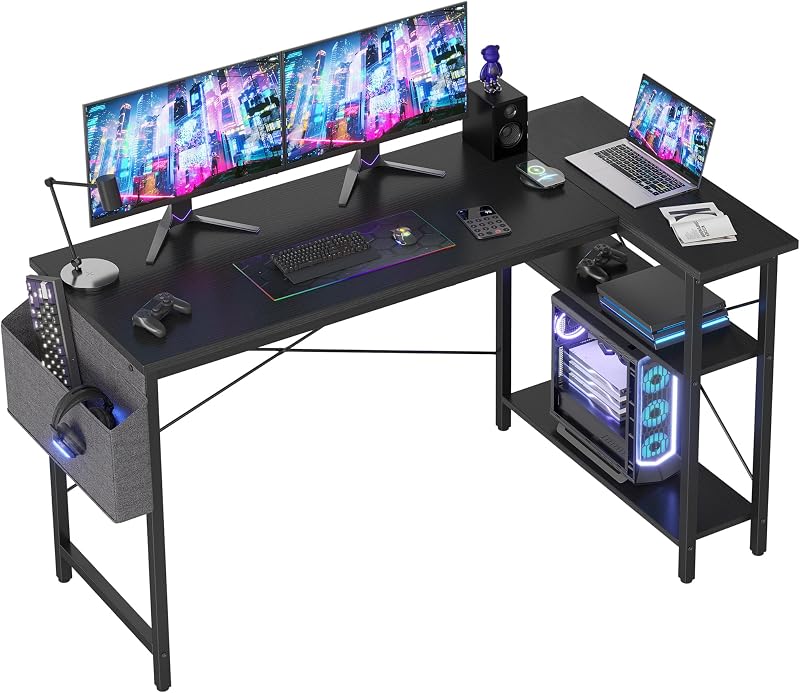 BEXEVUE L-Shaped Gaming Desk 140x70 cm with Reversible Storage Shelves