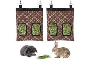 RMNHPTK Rabbit Hay Feeder Bag, Large Capacity Rabbit Hay Bag Small Animal Hanging Hay Bag 600D Oxford Cloth Bunny Hay Feeder Bag for Rabbits Guinea Pigs Chinchillas (Brown-2 Holes-2Pcs)