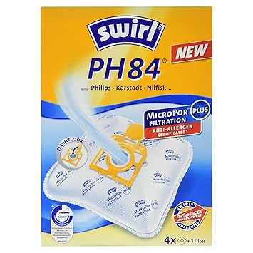 Swirl PH 84 MicroPor Plus Staubsaugerbeutel für Philips, Karstadt, Nilfisk Staubsauger, Anti-Allergen-Filter, 4 Stück inkl. F