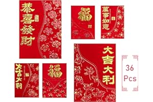 Chinese Red Envelopes Traditional Red Pockets (Pack of 36 in 6 Designs)