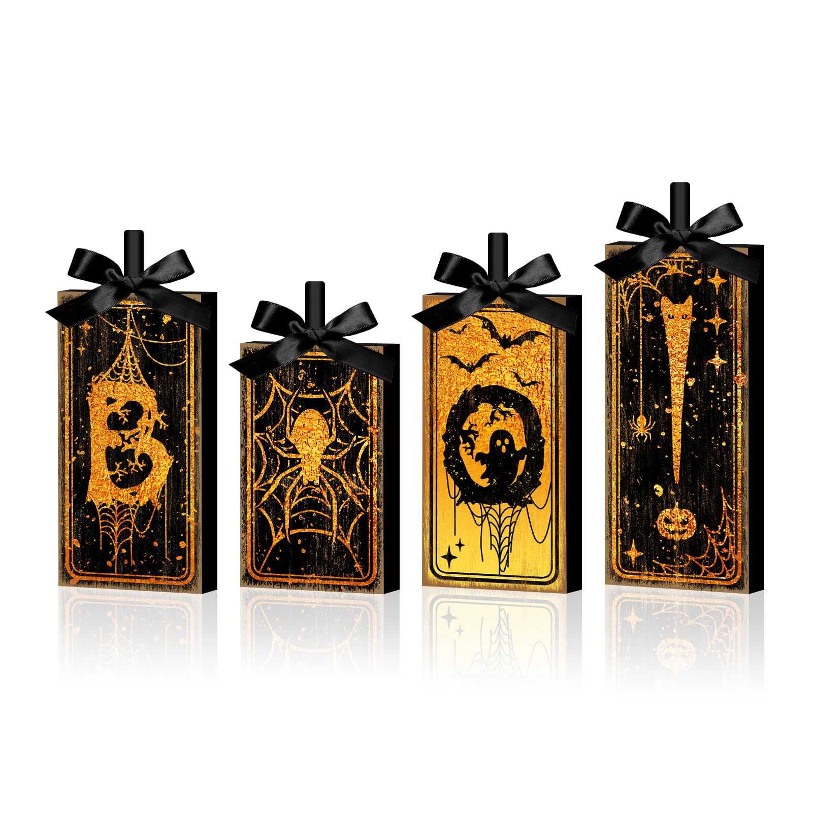 Photo 1 of 4 Pcs Boo Halloween Sign Wooden Tiered Tray Decor, Spider Ghost Black and Gold Table Decor Farmhouse Rustic Halloween Decorations Party Tabletop Centerpieces for Home Kitchen Indoor Mantel
