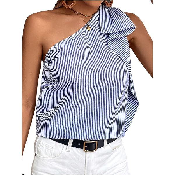 Women's Striped One Shoulder Ruffle Tank Top - Sleeveless Summer Blouse