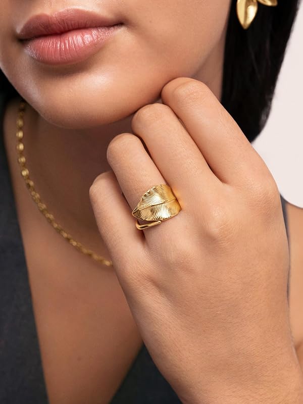 Anillo Mujer Ajustable Hoja Acero Baño Oro