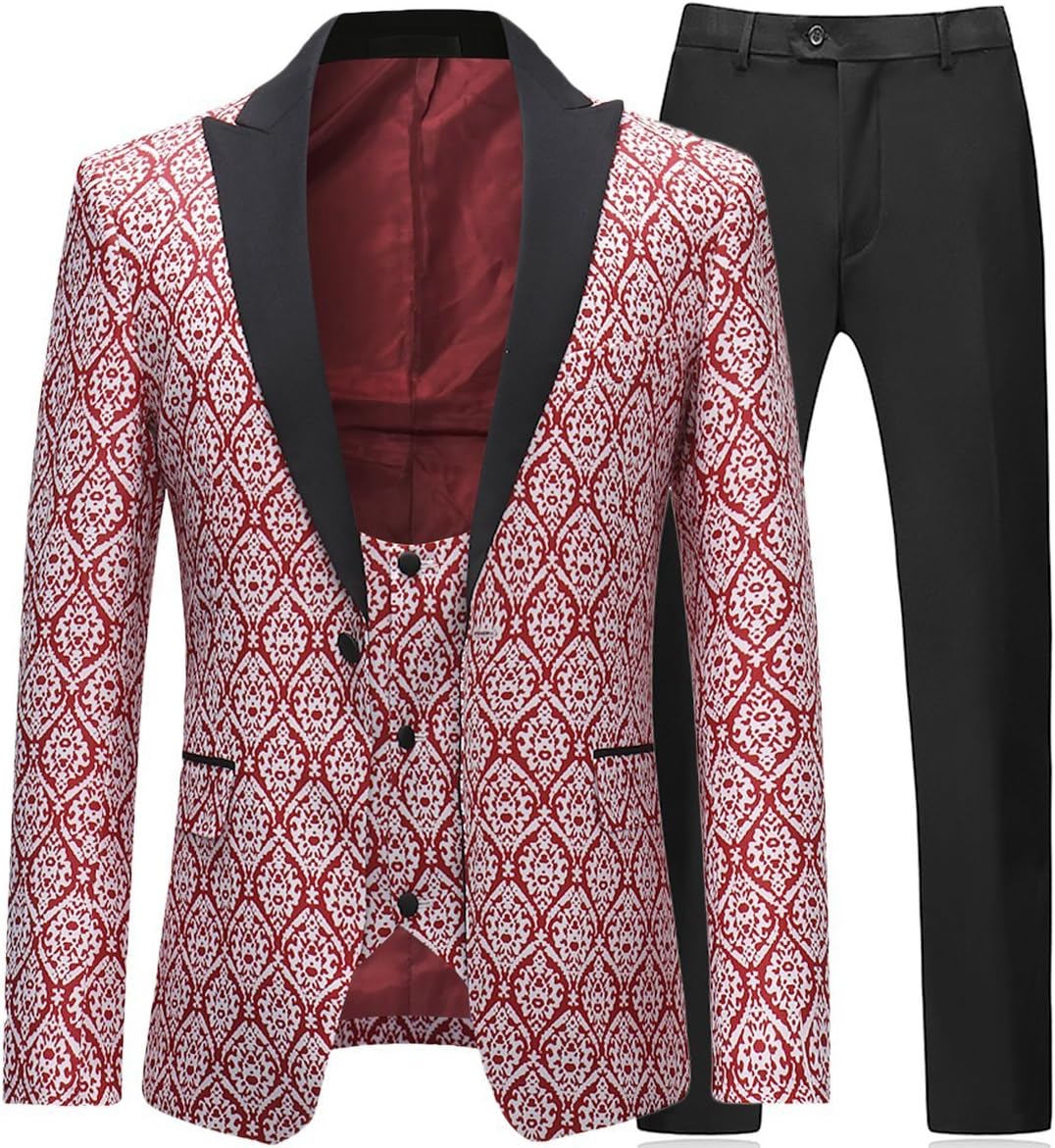 Mens 3 Piece Tuxedos Slim Fit Floral Vintage Groomsmen Wedding Suit Outfit Jacket