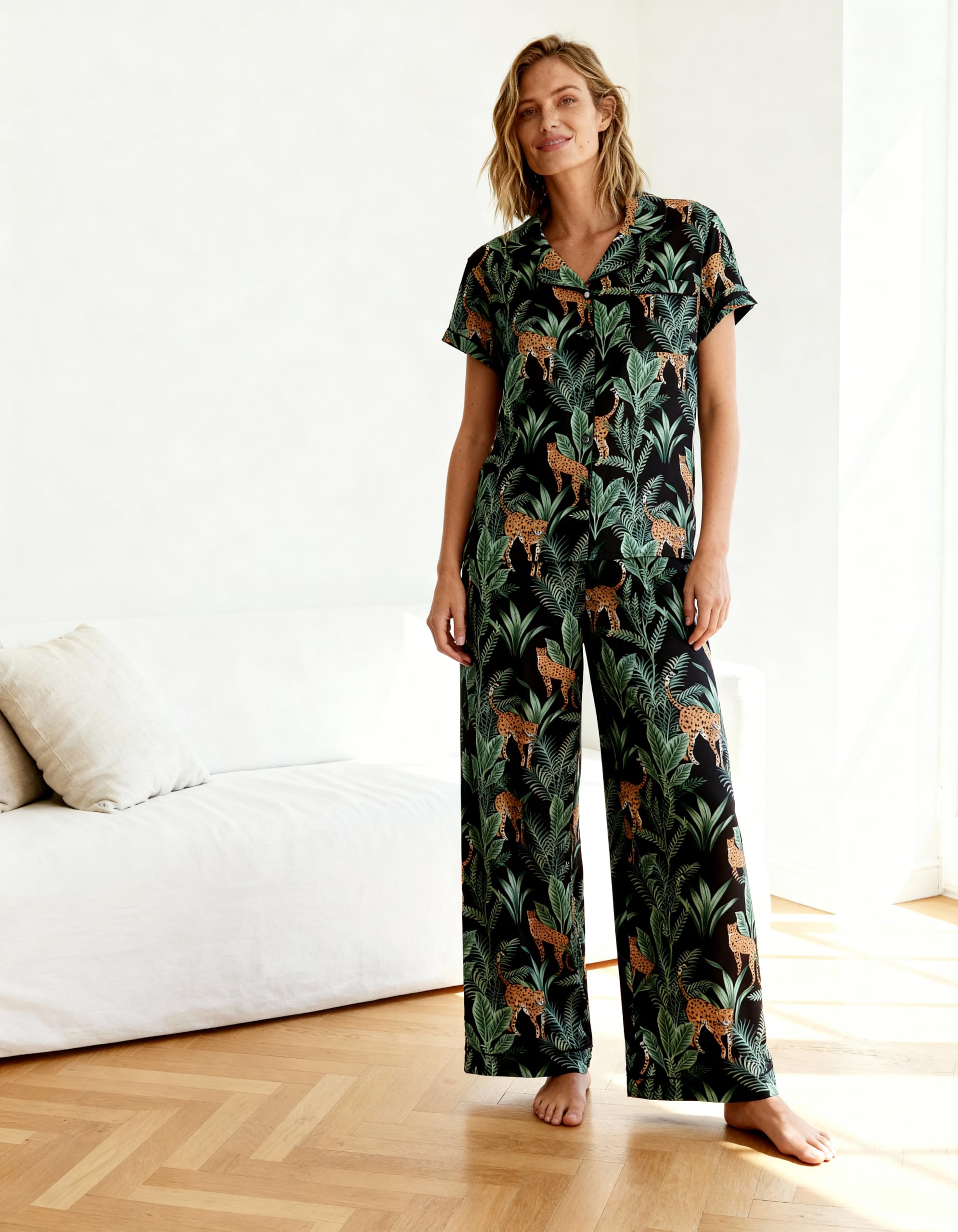 Rachel Zoe Button Up Pajamas for Women Sets, Jersey Soft PJs with Button Down PJ Top and Long Pajama Pants (Green, Large)